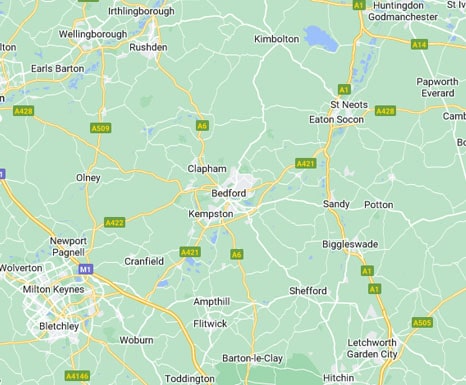 Section of a map showing Bedfordshire and the close surrounding areas.