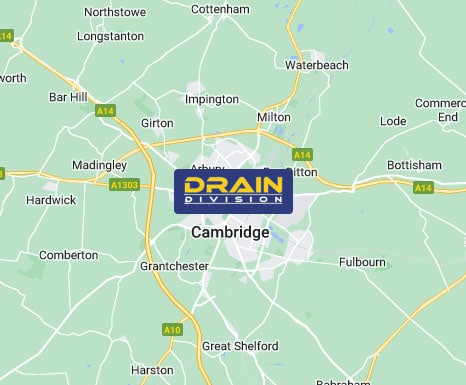 Section of a map showing Cambridge and the close surrounding areas.