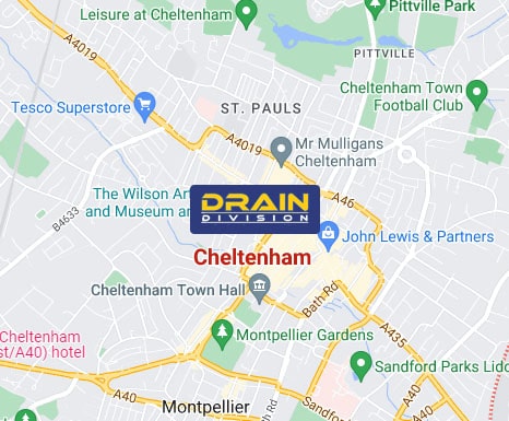 Section of a map showing Cheltenham and the close surrounding areas.
