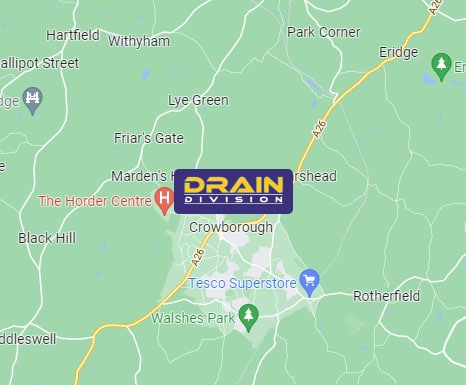 Section of a map showing Crowborough and the close surrounding areas.
