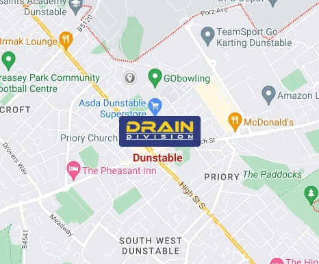 Section of a map showing Dunstable and the close surrounding areas.