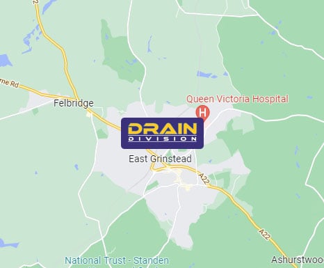 Section of a map showing East Grinstead and the close surrounding areas.