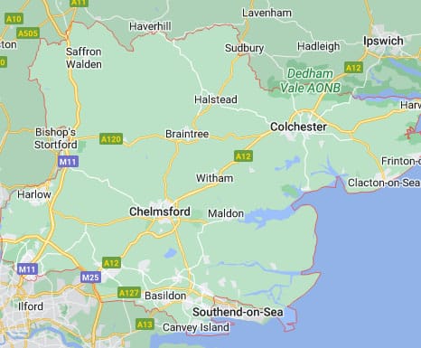 Section of a map showing the county of Essex and the close surrounding areas.
