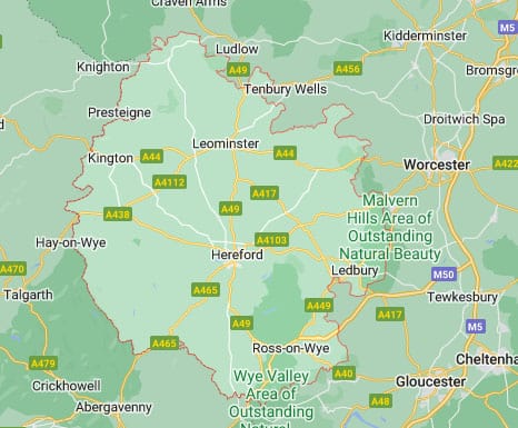 Section of a map showing the county of Herefordshire and the close surrounding areas.