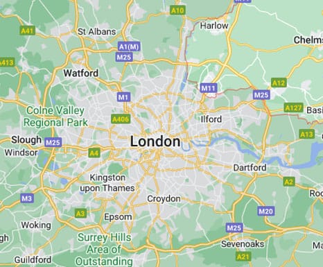 Section of a map showing London and the close surrounding areas.