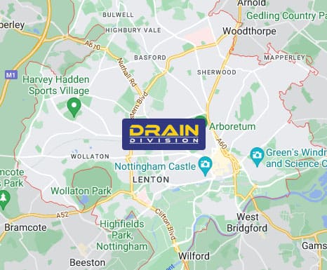 Section of a map showing Nottingham and the close surrounding areas.