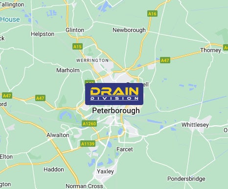 Section of a map showing Peterborough and the close surrounding areas.