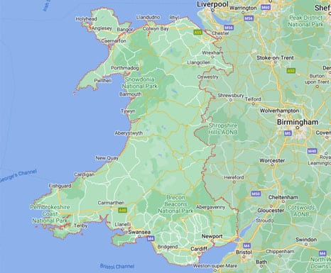 Section of a map showing Wales and the surrounding areas.