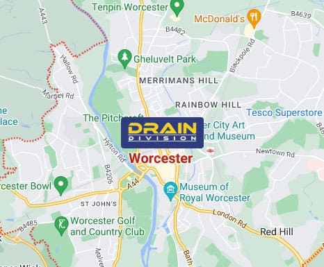 Section of a map showing Worcester and the close surrounding areas.