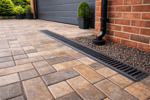 A surface level drain in a driveway, with a grated channel